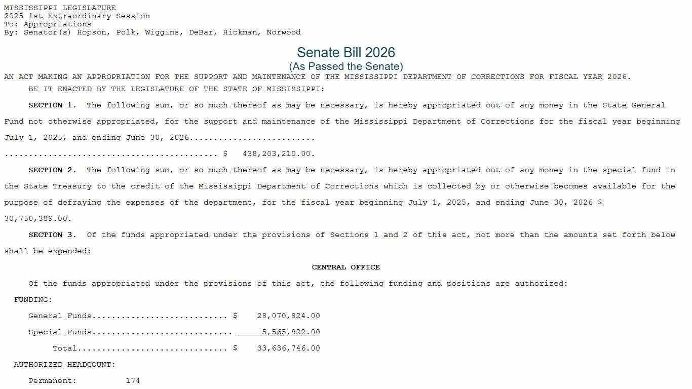 SB2026 (As Passed the Senate) - 2025 1st Extraordinary Session